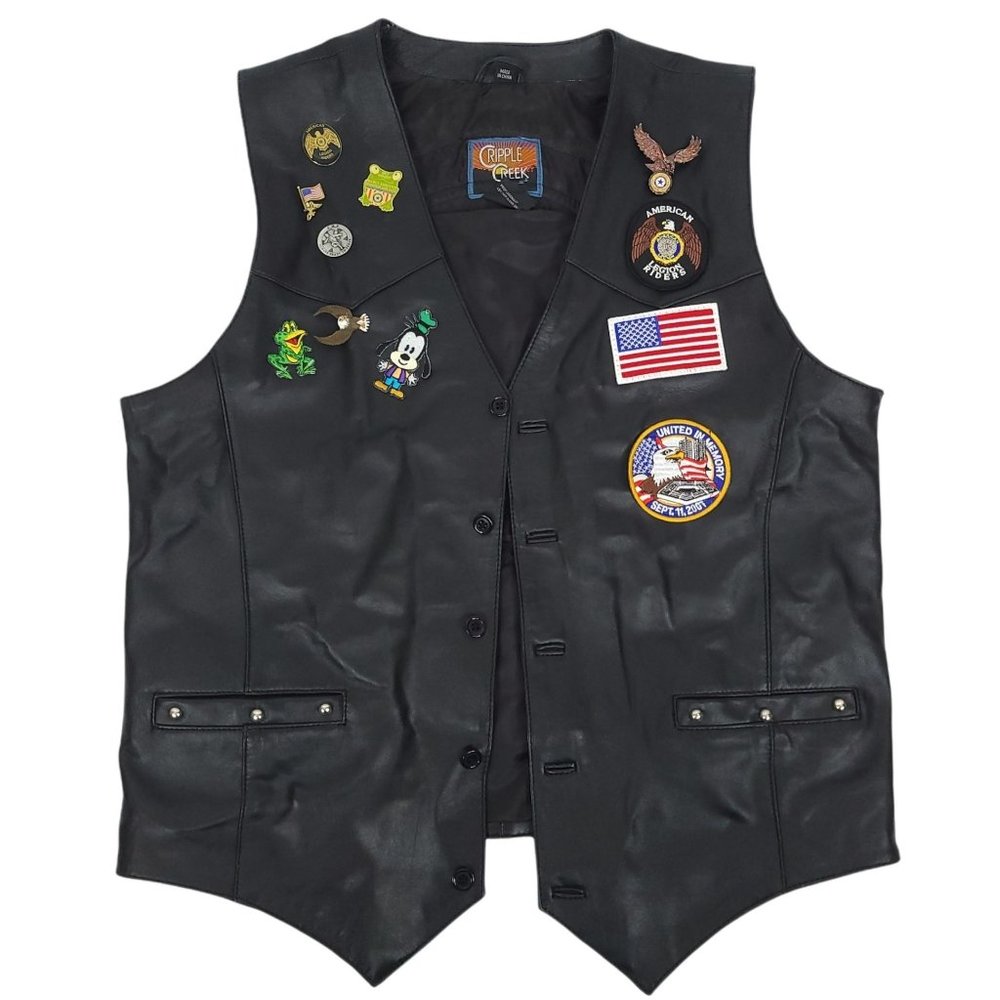 Cripple Creek Biker Motorcycle Vest Mens M Black Leather American Legion Lined